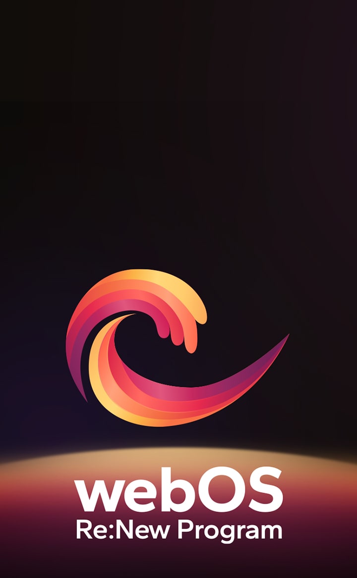 webOS Re:New Programm-Logo hat einen schwarzen Hintergrund mit einer gelben und orangefarbenen, violetten kreisf?rmigen Kugel am unteren Rand. 	