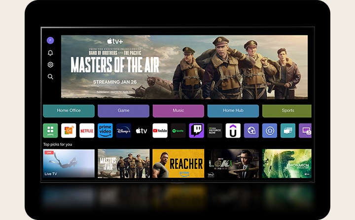Der webOS 24-Startbildschirm mit den Kategorien ?Home Office“, ?Spiele“, ?Musik“, ?Home Hub“ und ?Sport“. Unten auf dem Bildschirm werden unter ?Top-Tipps für Sie“ personalisierte Empfehlungen angezeigt.	