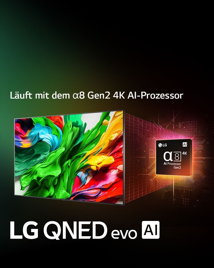 Der LG QNED TV sitzt leicht angewinkelt auf der linken Seite und zeigt bunte, farbige Texturen in Rot, Gelb, Grün, Blau und Lila. Hinter dem Fernseher befindet sich der alpha 8 AI Prozessor Gen2, der orange und pinkes Licht ausstrahlt. Das Logo des LG QNED evo AI befindet sich in der unteren linken Ecke. Der Hintergrund ist ein bunter orange-lila Farbverlauf. Auch der Text ist sichtbar: powered by alpha 8 AI Processor Gen2. 