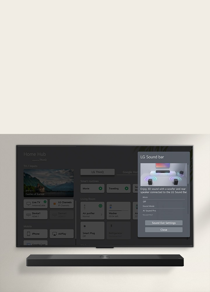 Die LG Soundbar befindet sich unter einem LG OLED-Fernseher. Auf dem TV-Bildschirm befindet sich die Benutzeroberfl?che für die Soundbar und der Lautst?rkeregler des Fernsehers. 	