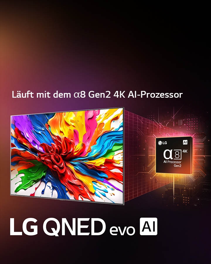 Der LG QNED TV sitzt leicht angewinkelt auf der linken Seite und zeigt bunte, farbige Texturen in Rot, Gelb, Grün, Blau und Lila. Hinter dem Fernseher befindet sich der alpha 8 AI Prozessor Gen2, der orange und pinkes Licht ausstrahlt. Das Logo des LG QNED evo AI befindet sich in der unteren linken Ecke. Der Hintergrund ist ein bunter orange-lila Farbverlauf. Auch der Text ist sichtbar: powered by alpha 8 AI Processor Gen2. 	