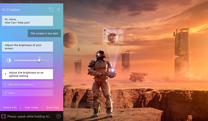 Sci-Fi-Inhalte werden auf einem LG OLED-Fernseher abgespielt. Auf der linken Seite des Bildschirms befindet sich die AI Chatbot-Schnittstelle. Der Nutzer teilt dem Chatbot mit, dass der Bildschirm zu dunkel ist, und der Chatbot bietet L?sungen für die Anfrage an.	