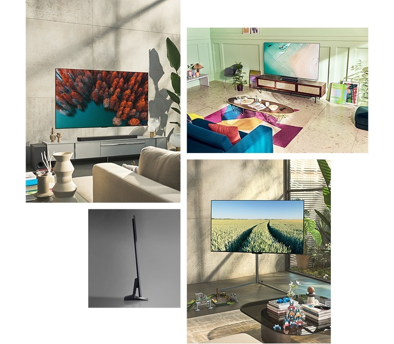 Ein LG OLED evo TV C2 h?ngt an der Wand eines Wohnzimmers mit Pflanzen, einem Stapel Bücher und einem Schrank im Vintage-Stil. Ein LG OLED evo TV C2 h?ngt an der Wand in einem minimalistisch eingerichteten Raum neben einem Regal mit monochromen Ornamenten. Seitenansicht des unteren Bereichs des LG OLED evo TV C2. Ein LG OLED evo TV C2 steht auf einem Standfu? in einem farbenfrohen Wohnzimmer neben einem Stapel von Büchern. Ein LG OLED evo TV C2 steht auf einem Standfu? in einem terrakottafarbenen Raum neben zwei ledernen Esszimmerstühlen mit passendem Hocker und Webteppich.