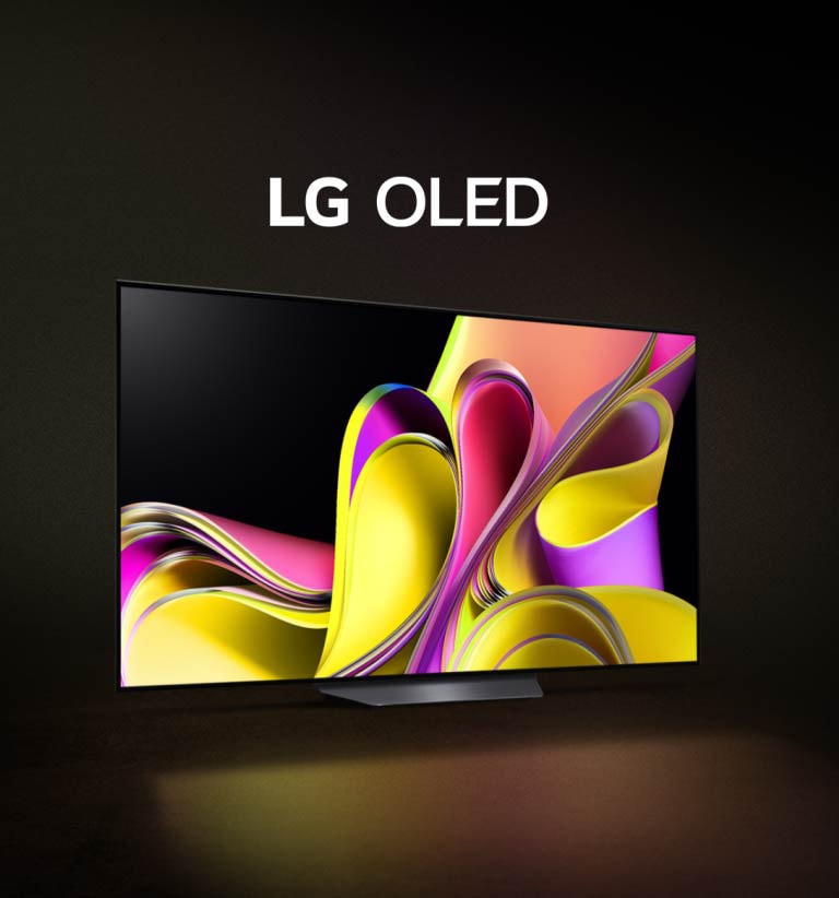 Ein Video beginnt mit den Worten LG OLED evo vor einem schwarzen Hintergrund. Der Schriftzug vergr??ert sich und füllt sich mit Farbe. Dann wechselt die Szene zum LG OLED evo TV C3 und zeigt ein farbenfrohes abstraktes Kunstwerk mit einer Soundbar vor einem wei?en Hintergrund. Der wei?e Hintergrund wird zu einer Wand in einem Raum, an der das Fernsehger?t befestigt ist.