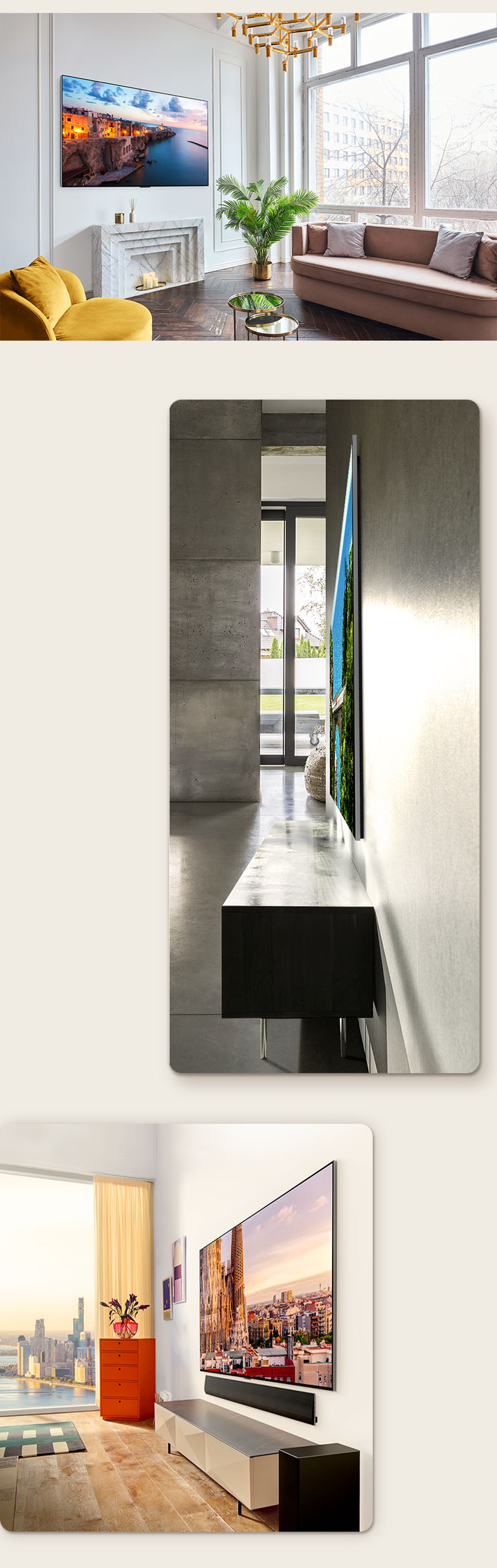 Ein Bild des LG OLED evo TV G3 an der Wand eines dekorierten Raums im Gallery Design. Eine Seitenansicht des LG OLED evo TV G3 mit seinen unglaublich schmalen Ma?en. Eine Schr?gansicht des LG OLED evo TV G3 an der Wand einer Wohnung mit Stadtblick und einer Soundbar darunter.
