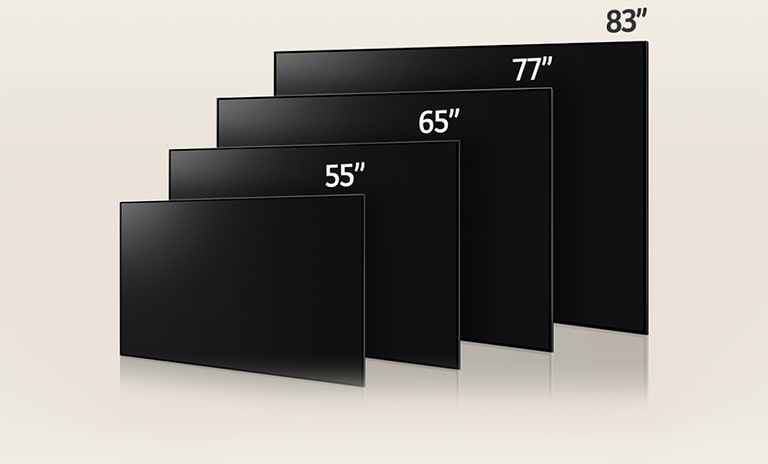 Ein Bild, auf dem die verschiedenen Gr??en der LG OLED evo TV G3-Serie verglichen werden - mit 55 Zoll, 65 Zoll, 77 Zoll und 83 Zoll.