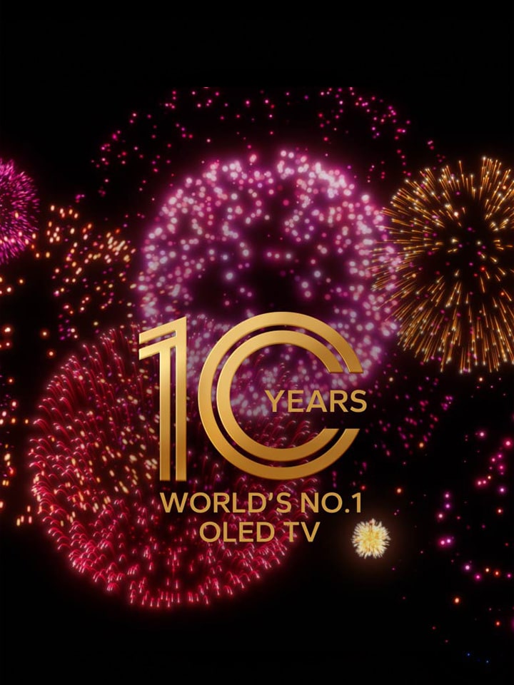 Ein Video zeigt das Logo ?10 Years World's No.1 OLED TV“ Logo, es erscheint schrittweise auf schwarzem Hintergrund mit violettem, pinkem und orangenem Feuerwerk.