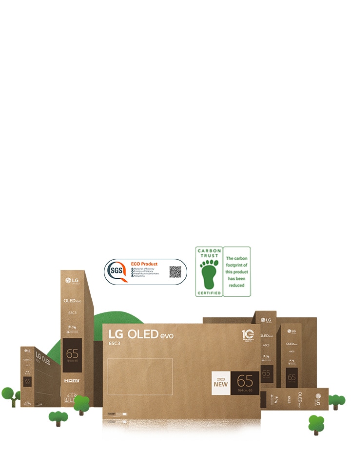 Umweltfreundliche LG OLED-Kartonverpackungen mit Abbildungen von grünen B?umen und einem Berg.