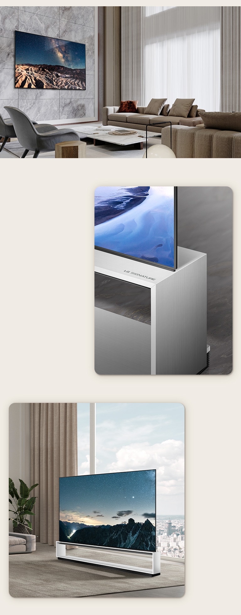 Ein Bild des LG 8K OLED evo TV Z3 im Gallery Design an der Wand eines dekorativen Raums. Ein Bild des LG 8K OLED evo TV Z3 mit einem Standfu? vor einem Fenster mit Blick auf eine st?dtische Szene. Eine schr?ge Ansicht der Ecke, des Randes und des Standfu?es des LG 8K OLED evo TV Z3.