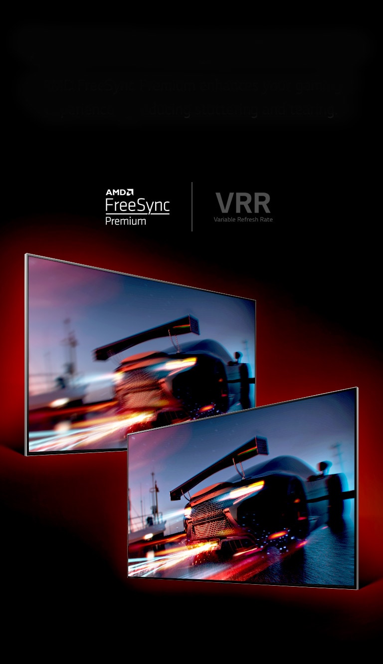 Es sind zwei sich gegenüberstehende Fernseher zu sehen. Der linke Fernseher zeigt einen schnell fahrenden Rennwagen, der ziemlich unscharf erscheint, w?hrend der rechte Fernseher einen schnell fahrenden Rennwagen zeigt, der aber sehr klar zu sehen ist.