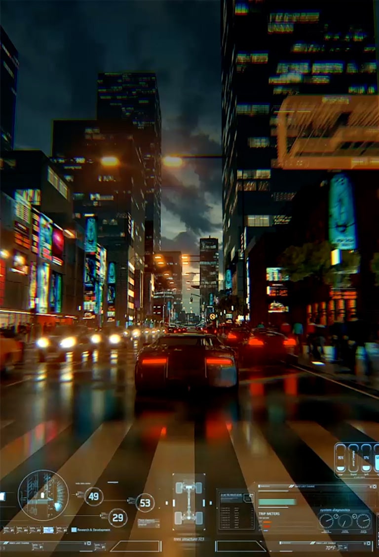 Ein Video, das ein Auto in einem Videospiel von hinten verfolgt, w?hrend es in der D?mmerung durch eine hell erleuchtete Stra?e f?hrt.