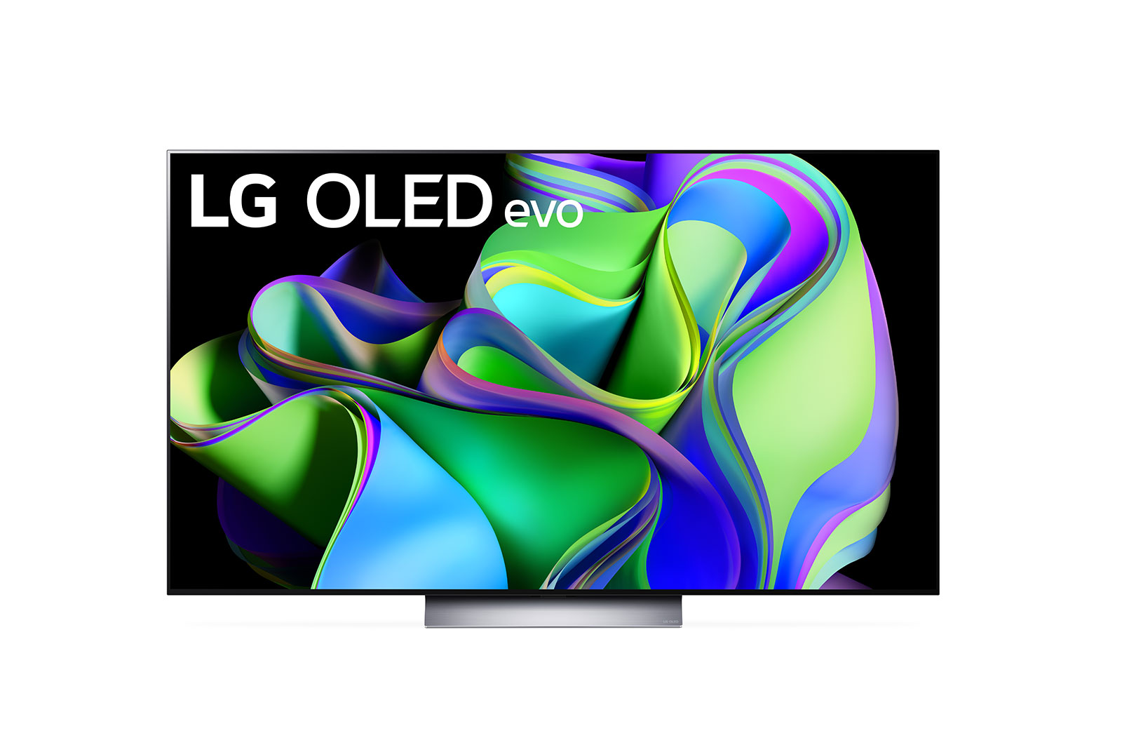 Vorderansicht mit dem LG OLED evo ?10 Years World No.1“-OLED-Logo und Logo für 5 Jahre Garantie auf das Display auf dem Bildschirm