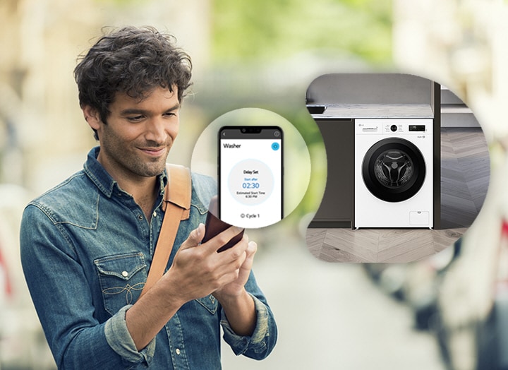 Ein Mann steuert die LG-Waschmaschine per Fernbedienung über eine ThinQ?-App