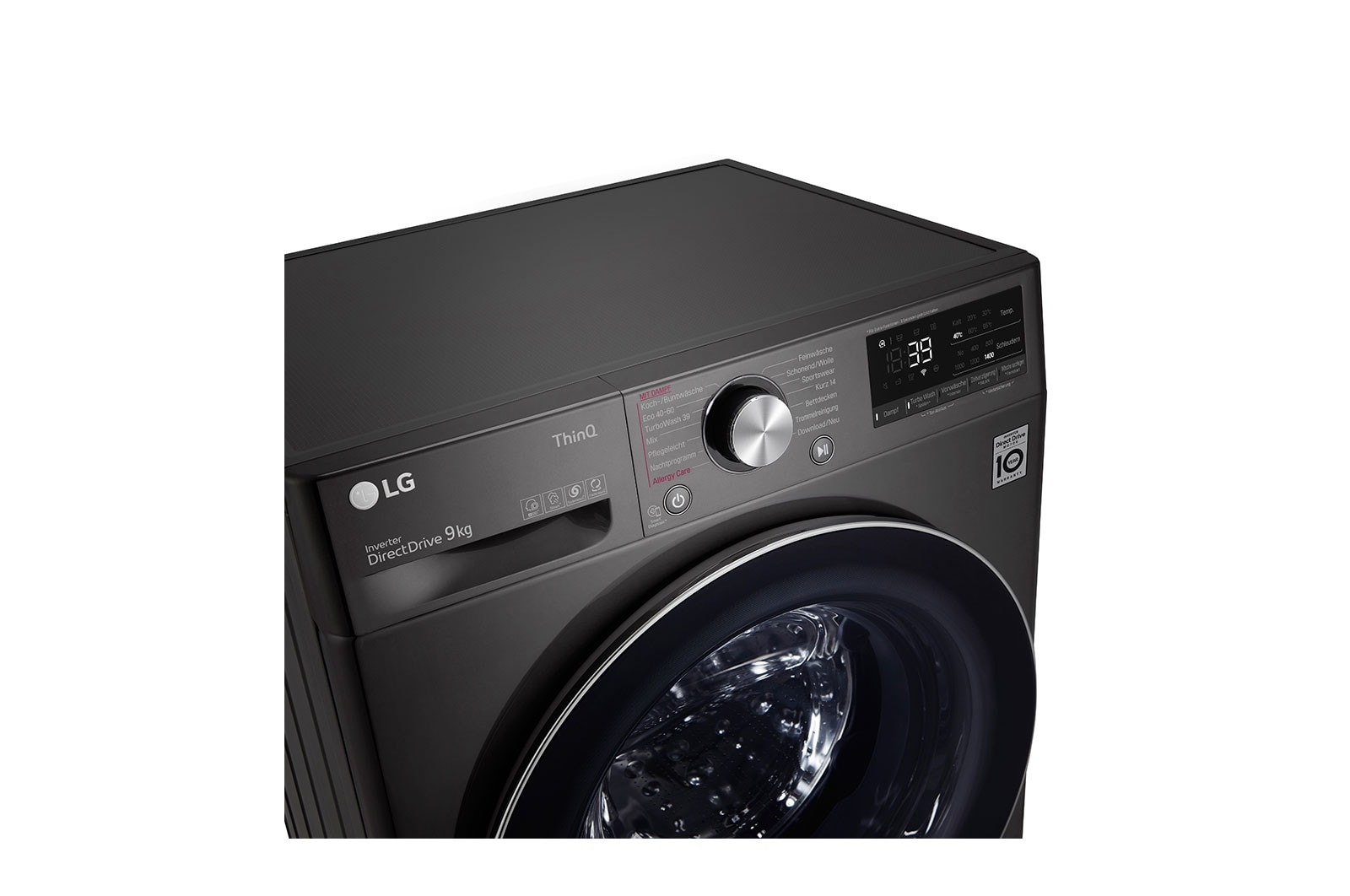 LG Waschmaschine Metallic Black Steel (9 kg, 1.400 U./Min., EEK A) mit Chrom-Bullaugenring | F4WV709P2BA, F4WV709P2BA