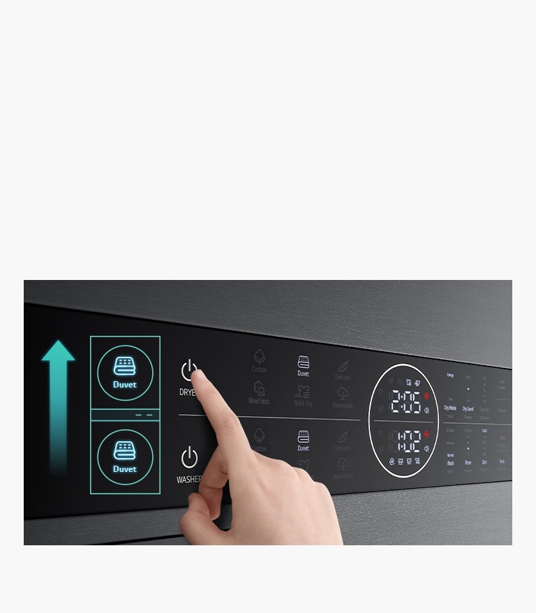 Dies ist ein Bild des Produkt-Panels. Die Bettdecken-Schaltfl?chen des Trockners und der Waschmaschine sind hervorgehoben.