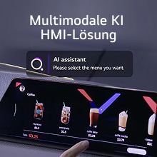 Benutzer interagiert mit der Touchscreen-Oberfl?che, die von der multimodalen AI HMI-L?sung betrieben wird, und w?hlt das Kaffeemenü mit der Aufforderung des AI-Assistenten aus