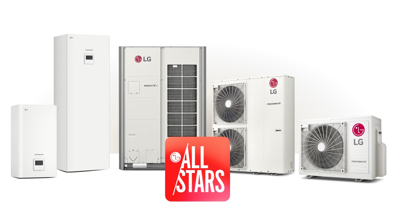 Das LG All Stars Logo ist in der Mitte und fünf LG Luft/Wasser W?rmepumpen THERMA V befinden sich hinter dem Logo.