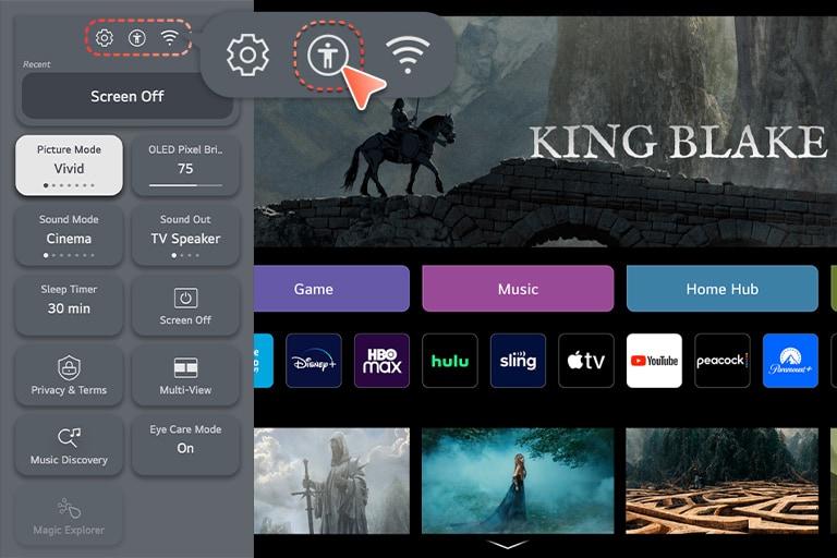 Der webOS-Startbildschirm erscheint und darüber sehen Sie eine Nahaufnahme eines menschenf?rmigen Symbols.