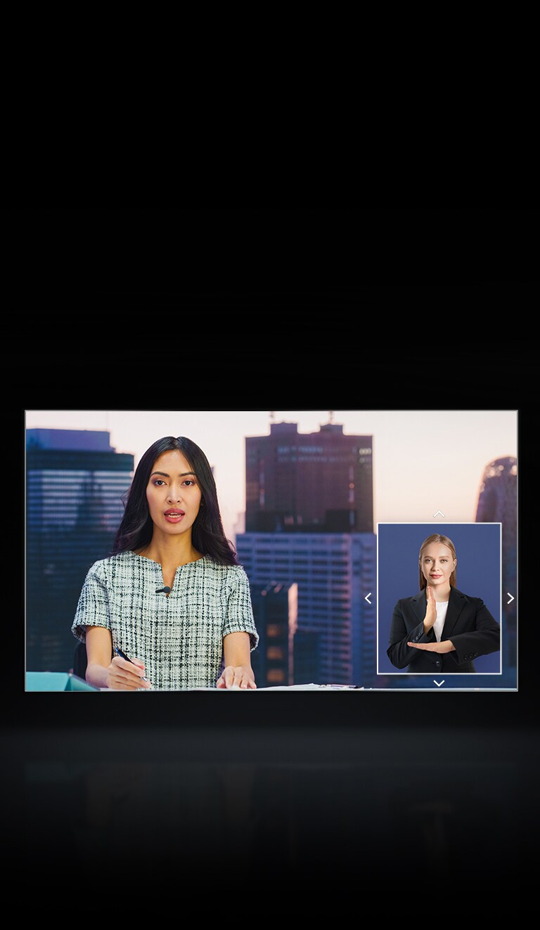 Auf dem Fernsehbildschirm ist eine Nachrichtenszene zu sehen und in der unteren rechten Ecke befindet sich ein gro?er Bildschirm mit Geb?rdensprache.
