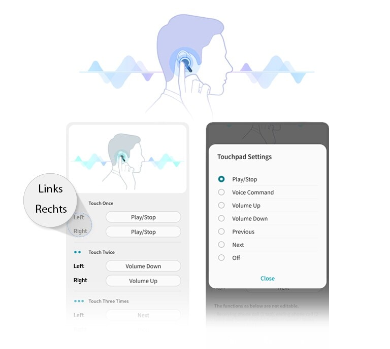 Abbildung der Seitenansicht eines Mannes, der die Ohrh?rer in seinem Ohr berührt. Bildschirme der App-UI zeigen, dass die Einstellung des Touchpads für den linken und rechten Ohrh?rer eingestellt werden kann.