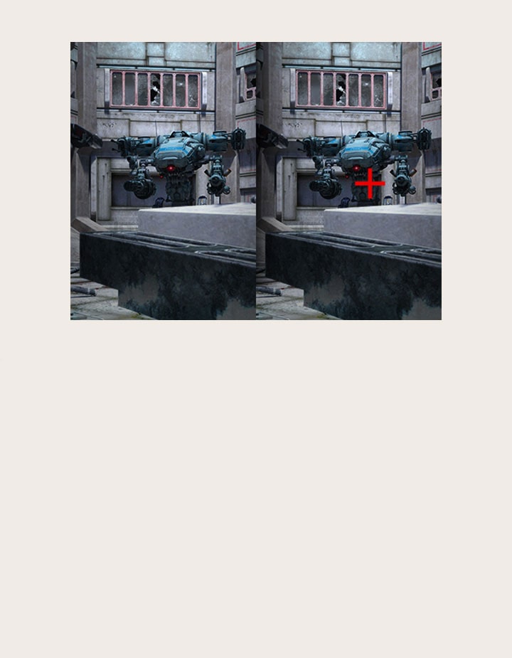 Vergleich von Fadenkreuz – Das linke Bild zeigt das ausgeschaltete Fadenkreuz, das rechte Bild zeigt das eingeschaltete Fadenkreuz.