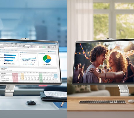 In de linkerafbeelding toont een LG Smart Monitor Swing in een kantoor verschillende grafieken, terwijl in de rechterafbeelding een LG Smart Monitor Swing thuis een film afspeelt.