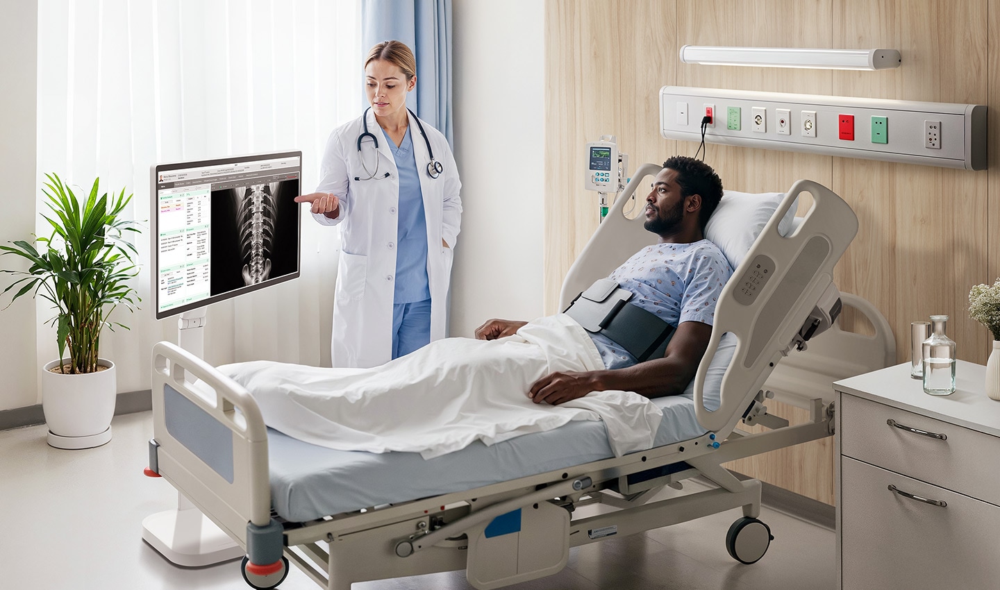 Ein Patient liegt in einem Krankenhausbett, zwei medizinische Fachkr?fte stehen neben ihm. Neben dem Arzt befindet sich ein LG Smart Monitor Swing.