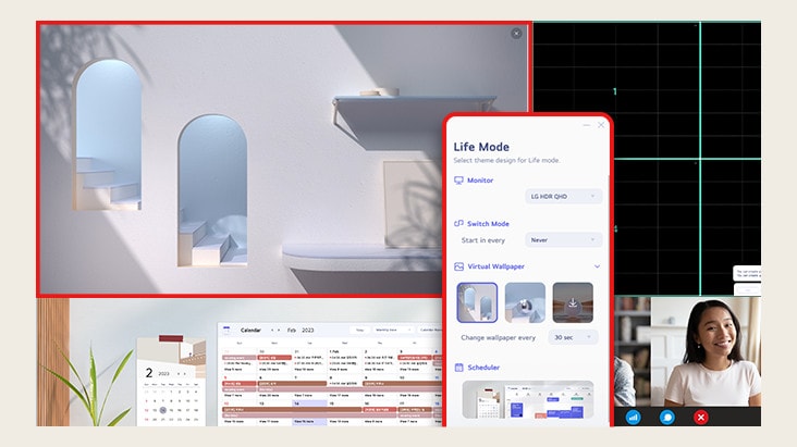 Die LG Switch-App optimiert den Bildschirm für produktives Arbeiten. Das Display kann in sechs Bereiche unterteilt, Zeitpl?ne verwaltet oder Videogespr?che ganz einfach per Schnelltaste gestartet werden.