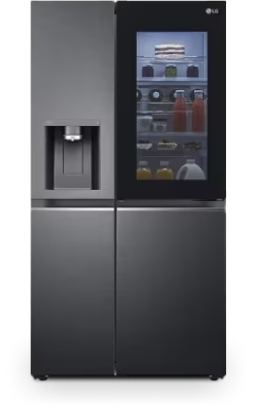 LG InstaView Side by Side Kühlschrank mit Glastür oben rechts, die es erm?glicht, ins Innere des Kühlschranks zu sehen.