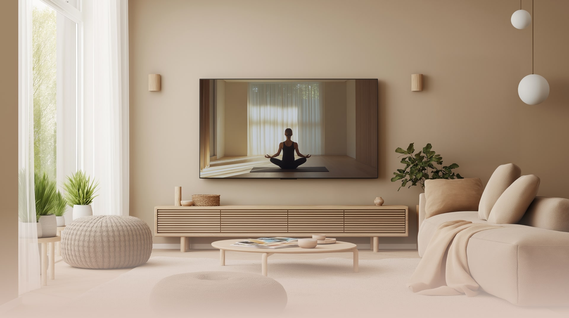 Modernes Wohnzimmer mit einem LG OLED TV, der eine Yoga-Sitzung zeigt, minimalistisches Design und gemütliche Atmosph?re.