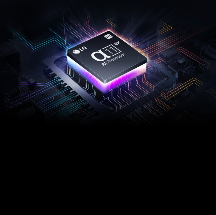 LGs alpha 11 4K AI-Prozessor leuchtet in einem blauen, violetten Farbverlauf inmitten von bunten Blitzen, die von ihm ausgehen. Weitere Blitze erscheinen auf dem Motherboard und dehnen sich weiter aus.