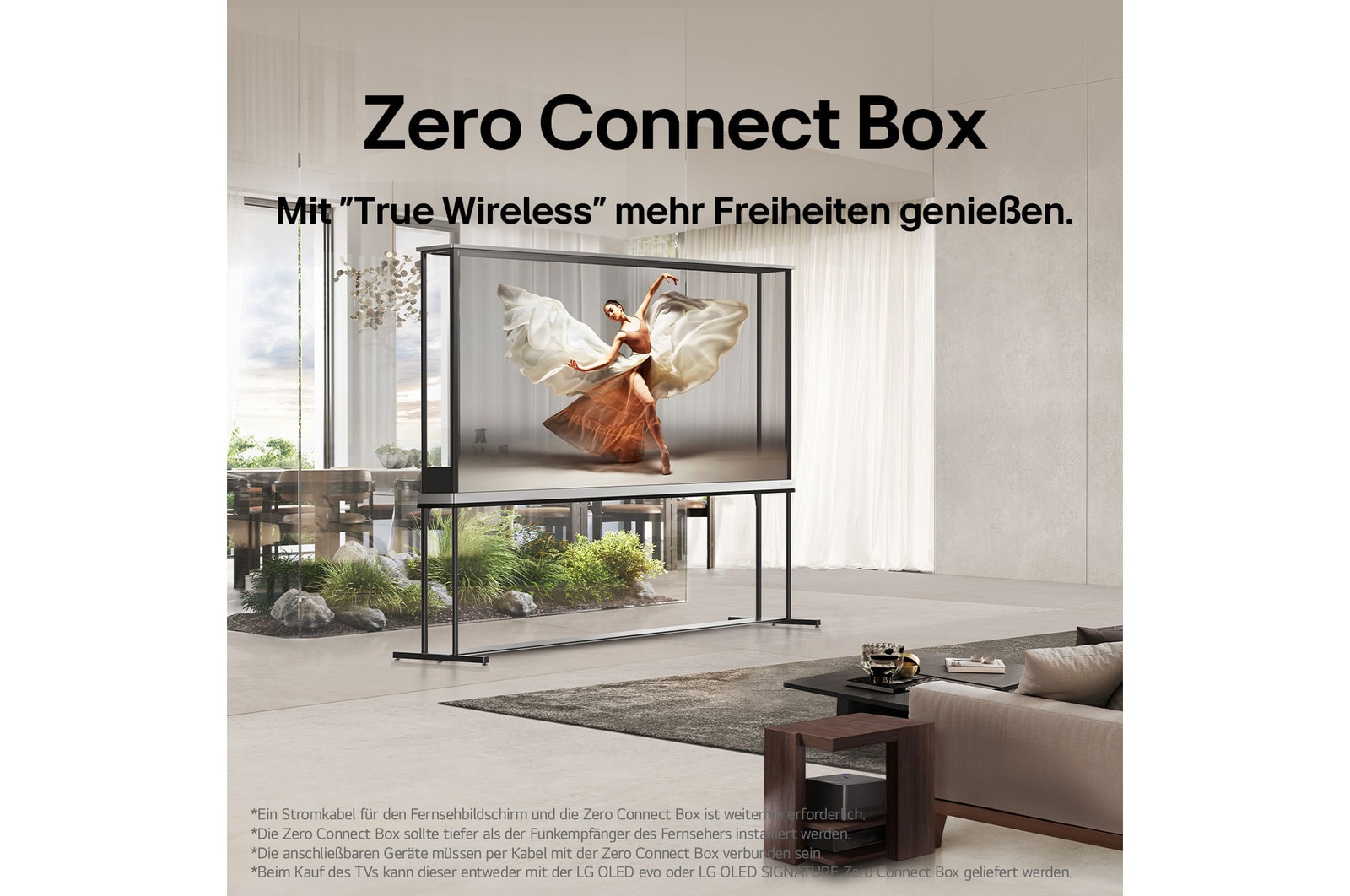 LG Signature OLED T sits in the middle of a modern living room depicting a dancer. Zero Connect Box is placed on a small table next to the couch.