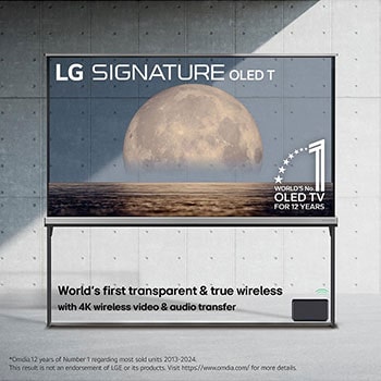 Front view of LG SIGNATURE OLED T, 12 years of world number 1 OLED Emblem, LG SIGNATURE OLED T logo, both embedded above the background depicting a moon above shore on a transparent screen. Zero Connect Box with 4K 120Hz wireless video & audio transfer connected to the TV, and a Wi-Fi signal coming out of the box.