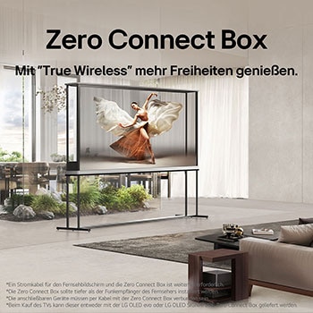 LG Signature OLED T sits in the middle of a modern living room depicting a dancer. Zero Connect Box is placed on a small table next to the couch.
