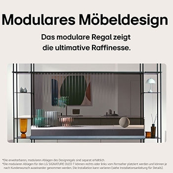 Front view of an LG SIGNATURE OLED T, featuring objects placed on the left and right modular shelving units.