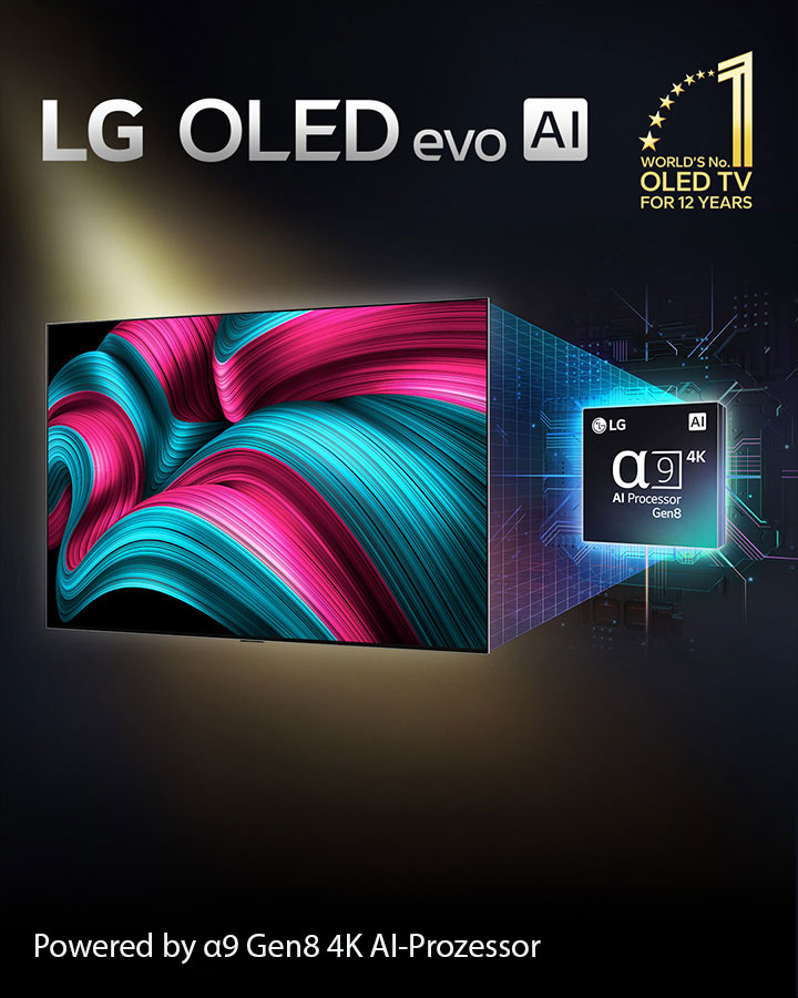 Auf dem Bildschirm eines LG OLED evo AI TVs ist ein abstraktes Bild mit beeindruckenden Details, Farben und Kontrasten zu sehen. Hinter dem Fernseher befindet sich eine vergr??erte Version des alpha 9 Gen8 4K AI-Prozessors. Er leuchtet und die Mikrochip-Schaltkreise um ihn herum sind beleuchtet. Der Titel lautet LG OLED evo AI. Au?erdem ist der Text ?Powered by LG alpha 9 Gen8 4K AI-Prozessor“ zu sehen. In der Ecke befindet sich ein goldenes Logo mit Sternen, auf dem steht: ?World's number one OLED TV for 12 years“.