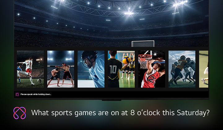 Ein LG OLED-Fernsehbildschirm mit verschiedenen Miniaturansichten von Sportinhalten. Das LG AI-Symbol ist sichtbar. Es ist ein Text zu sehen, der eine Person darstellt, die die AI-Suche verwendet: ?Welche Spiele werden am Samstag um 20 Uhr übertragen?"