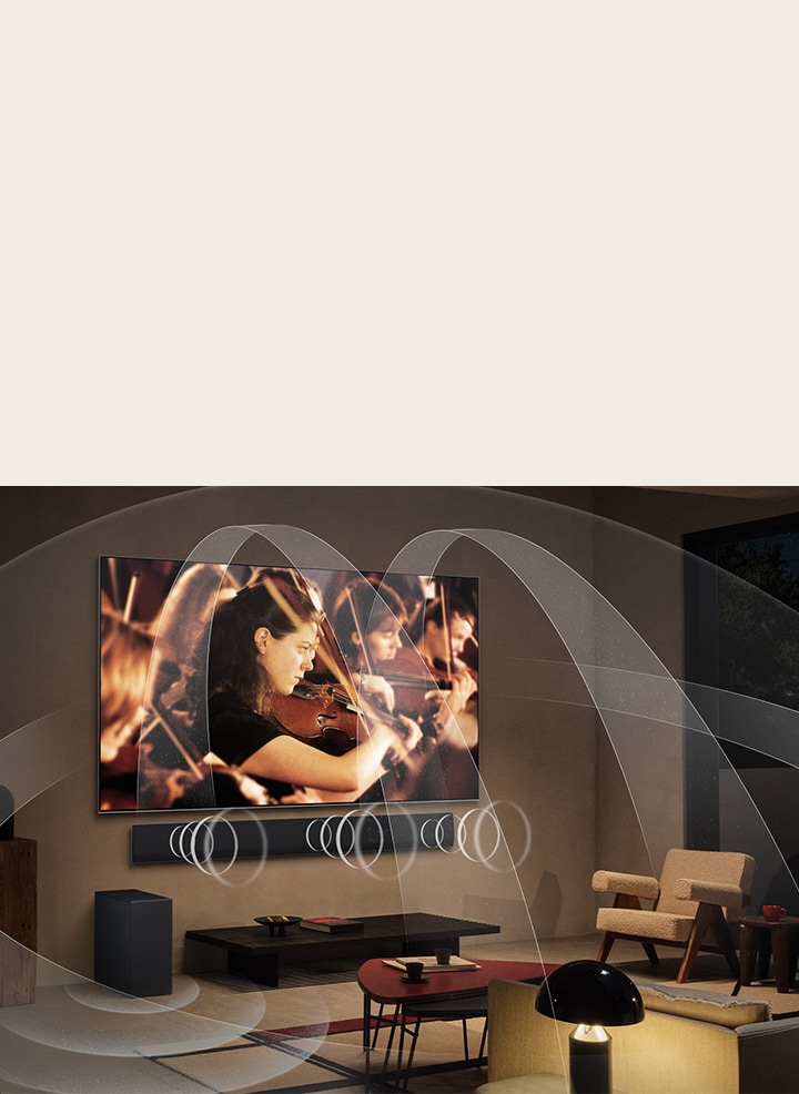 Wohnzimmer mit einem LG OLED-Fernseher und einer LG Soundbar mit Grafiken, die zeigen, wie beide Ger?te den Raum mit Multi-Surround-Sound füllen.