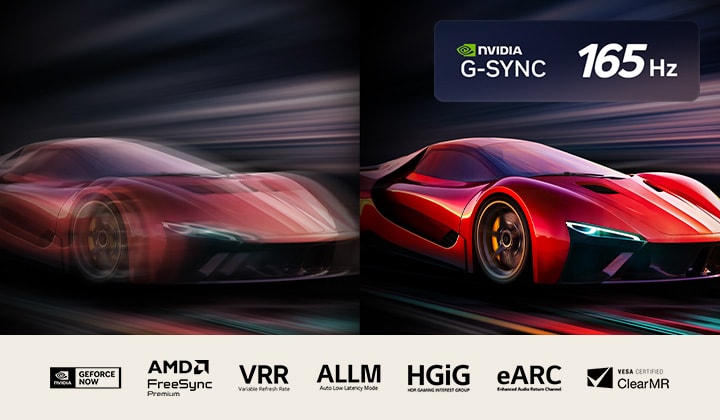 Zwei Bilder eines Autos in einem Videospiel nebeneinander. Das eine zeigt eine Bewegungsunsch?rfe. Das andere ist scharf und fokussiert und zeigt die hohe Bildwiederholrate des LG OLED-Fernsehers. Das Nvidia G-Sync-Logo, das 165Hz-Logo und andere relevante Zertifizierungen sind sichtbar. 