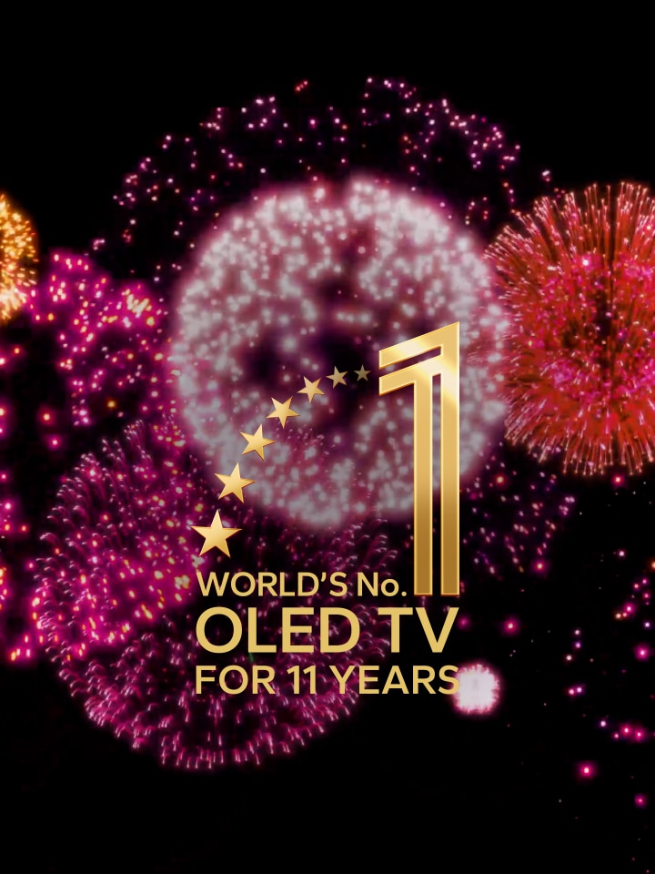 Ein Video zeigt das ?11 Years World's No.1 OLED TV“-Emblem, das langsam vor einem schwarzen Hintergrund mit lila, rosa und orangefarbenem Feuerwerk eingeblendet wird. 