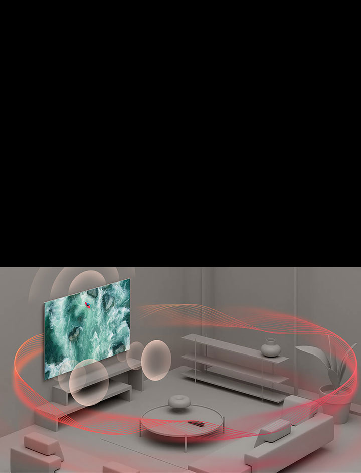 Ein Video ?ffnet sich und zeigt eine Aufnahme der Fernbedienung von oben. über dem Sensor erscheint ein blauer Kreis. Die Szene schwenkt hinaus und zeigt die Fernbedienung auf einem Couchtisch in einem grauen Raum. Blaue Klangwellen kommen aus dem Fernseher. Auf dem Bildschirm ist eine Person zu sehen, die mit dem Kajak durch unruhige Wellen f?hrt. Die blauen Klangwellen erreichen die Fernbedienung, und Wellen, die den Klang darstellen, werden von der Wand reflektiert, sodass der Raum vollst?ndig von Klang erfüllt wird. 
