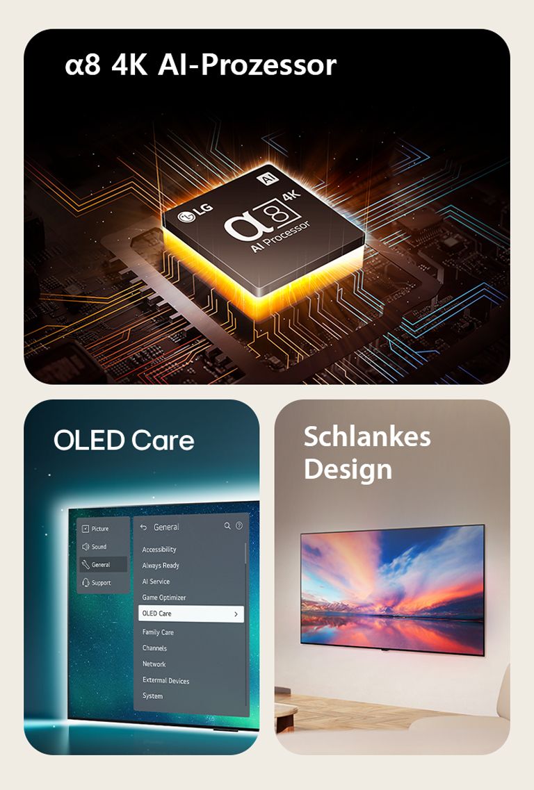 Der alpha 8 4K AI-Prozessor von LG auf einem Motherboard, der orangefarbene Lichtblitze aussended.  Ein OLED TV, OLED Care ist im Support-Menü ausgew?hlt, welches auf dem Bildschirm angezeigt wird.  Das schlanke Design in einer Seitenansicht, wie es in einem modernen Wohnbereich flach an die Wand geh?ngt wird.