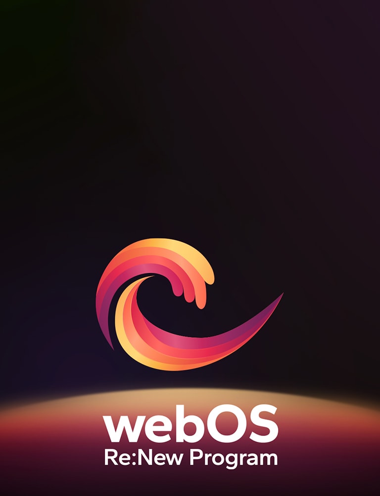 webOS Re:New Programm-Logo hat einen schwarzen Hintergrund mit einer gelben und orangefarbenen, violetten kreisf?rmigen Kugel am unteren Rand. 	