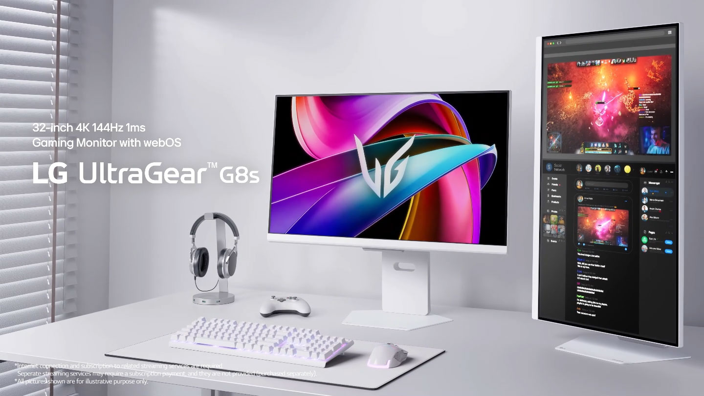 Feature-Video für LG UltraGear G8s, das das 4K-IPS-Display, die 144Hz-Bildwiederholrate, G-SYNC-Kompatibilit?t, integriertes webOS, Streaming-Funktionen, LG KI-Integration und nahtlose Konnektivit?t hervorhebt.