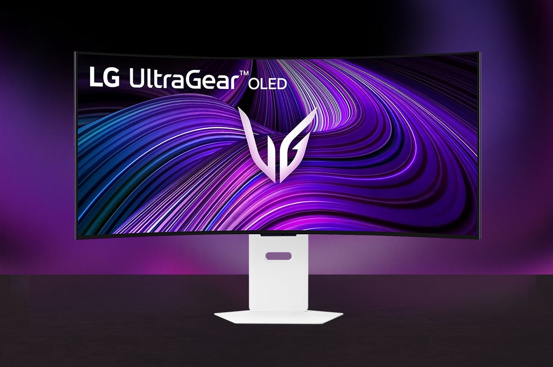LG UltraGear 39GX90SA Gaming-Monitor mit gebogenem Display und wei?em Standfu? im minimalistischen Design.