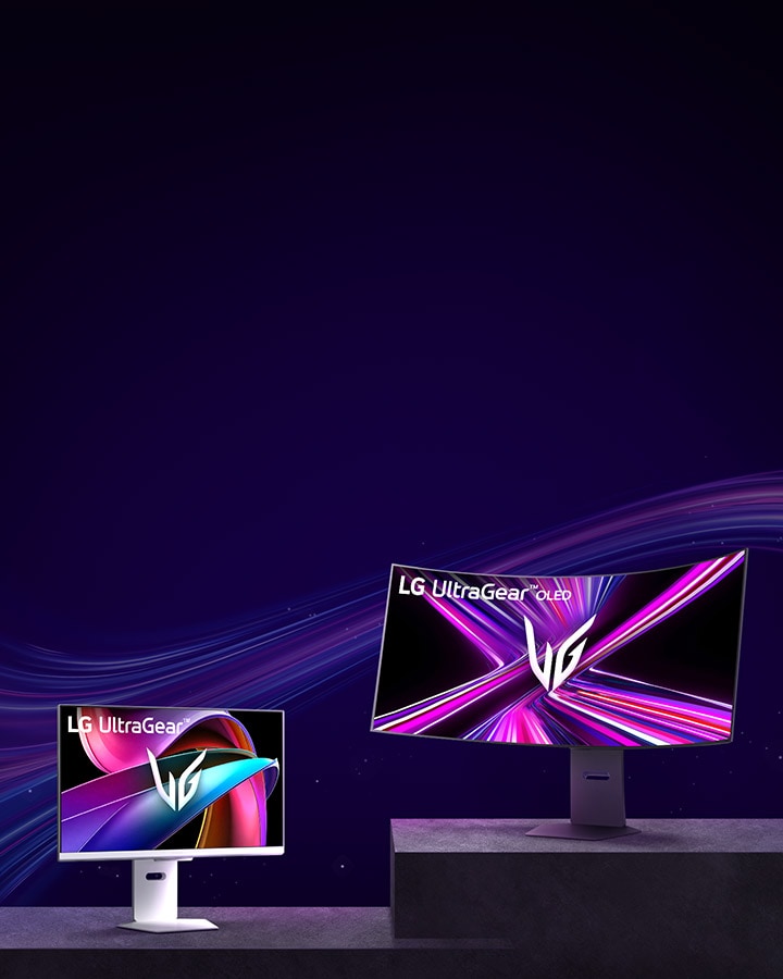 LG UltraGear Werbung für den weltweit ersten 5K2K OLED-Gaming-Monitor, 10?% Rabatt vom 28. April bis 14. Mai. Modelle 32G810SA und 45GX950 abgebildet.