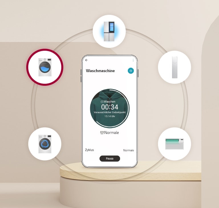 Ein Smartphone steht vor einem beigefarbenen Hintergrund und in sechs Kreisen rund um das Smartphone sind diverse Haushaltsger?te zu sehen.