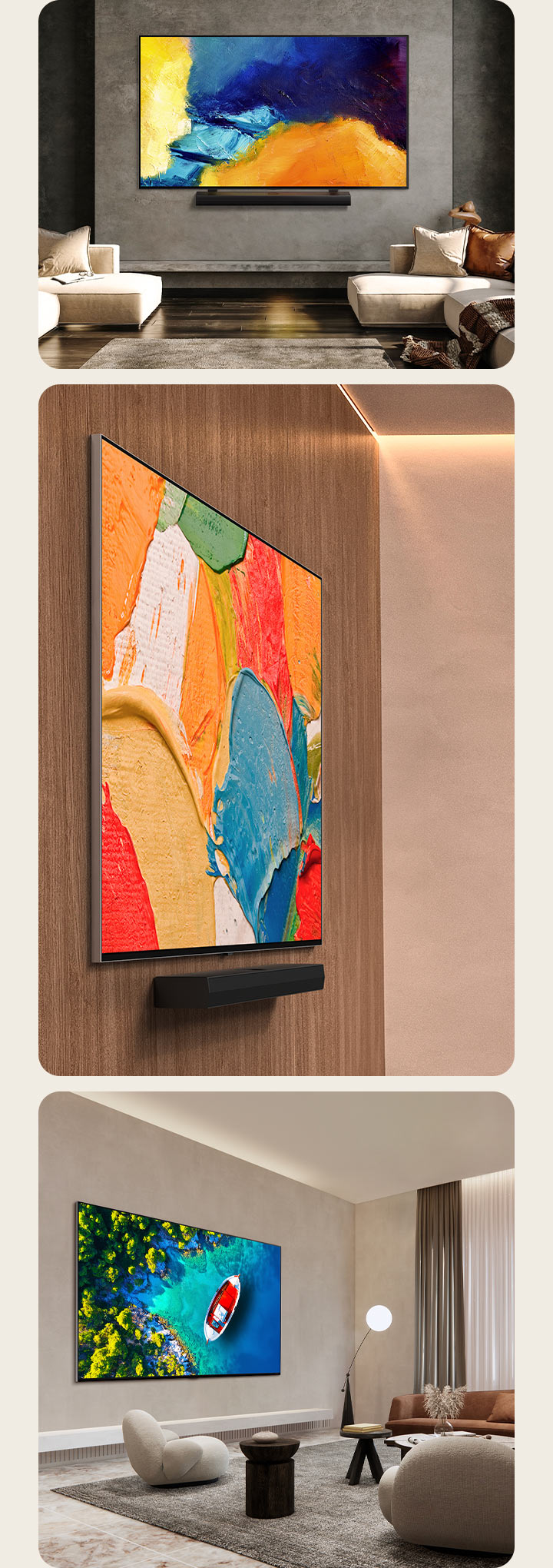 Der LG-Fernseher ist flach an der Holzwand montiert und mit einer Soundbar gekoppelt. LG-Fernseher mit Soundbar an der grauen Wand im Wohnzimmer mit Holzboden, der bunte Kunstwerke auf dem Bildschirm zeigt. Eine Schr?gperspektive eines Wohnzimmers mit Marmorboden und LG-Fernseher an der beigefarbenen Wand, der eine Luftaufnahme des tropischen Ozeans und eines Bootes darauf zeigt.