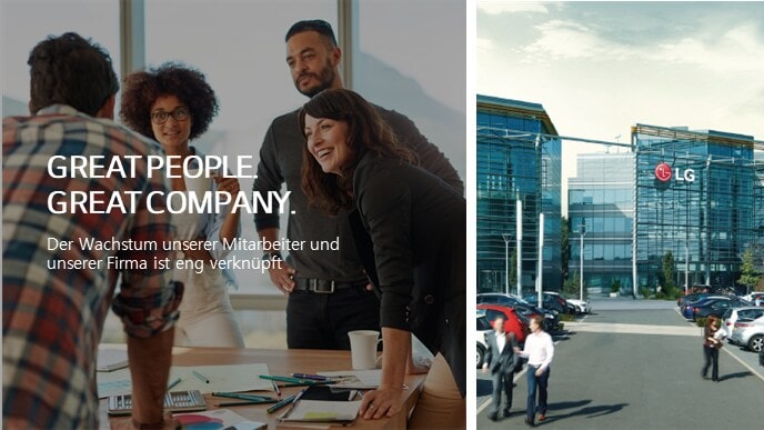 Links im Bild sind vier Personen um einen Tisch versammelt. Rechts im Bild das LG Electronic UK Bürogeb?ude. Der Text liest "Great People. Great Company. Der Wachstum unserer Mitarbeiter und unserer Firma ist eng verknüpft.