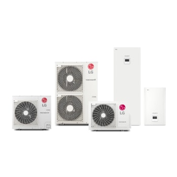 To indend?rsenheder og tre udend?rsenheder af LG Therma V Split vises.